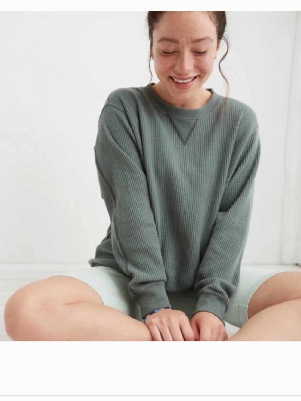 Aerie Oversized Waffle Crewneck Sweatshirt XXL Olive Green Slouchy Lounge Fall